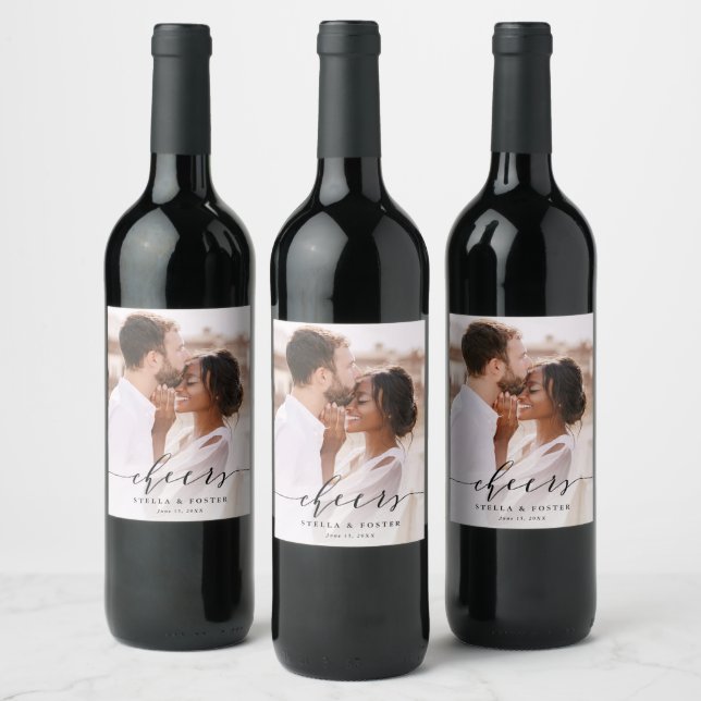 Black Cheers Elegant Calligraphy Wedding Photo  Wine Label (Bottles)