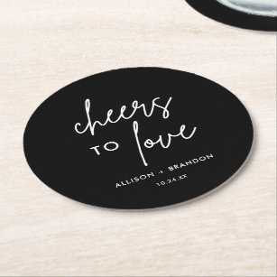 Black Cheers To Love Personalized Wedding Round Paper Coaster