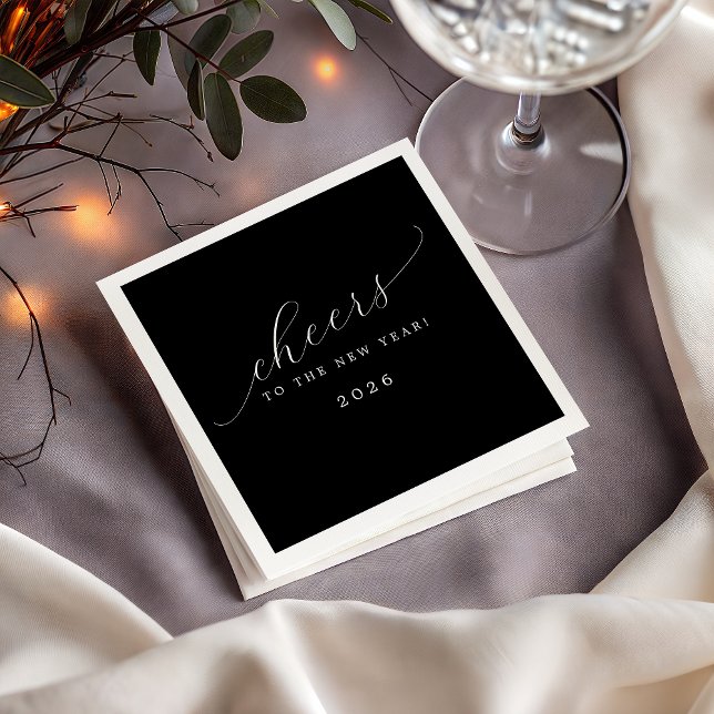 Black Cheers To The New Year Minimalist Script Napkins (Creator Uploaded)