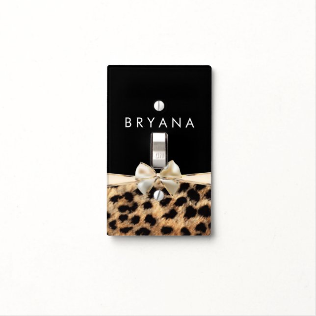 Black Cheetah Leopard Gold Bow Light Switch Cover (In Situ)