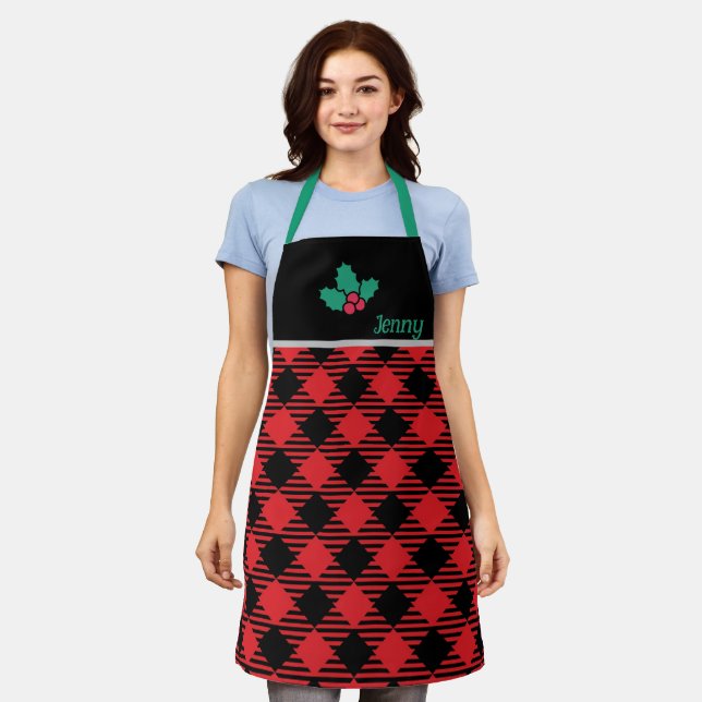 Black Chef Christmas Apron - Red Plaid Personalize (Worn)