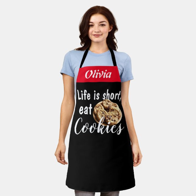 Black Chef Life is Short Eat Cookies Personalized Apron (Worn)
