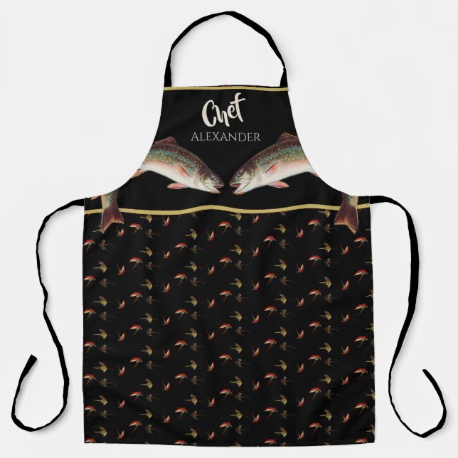 Black Chef  Seafood Trout Fly Fishing Fishermen  Apron (Front)