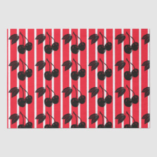 Black Cherries on Red and White Striped Tissue Paper