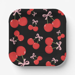 Black Cherries Pink Bow Coquette Birthday Party Paper Plates