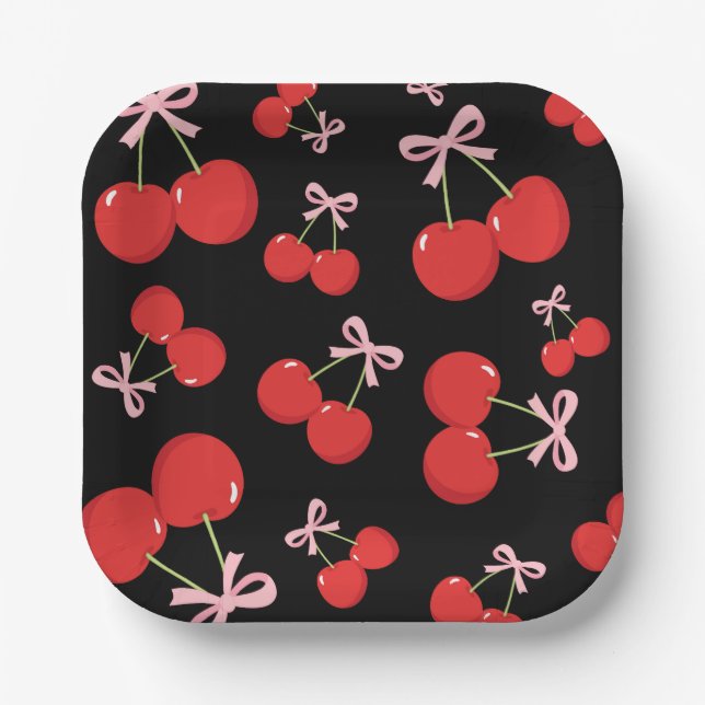 Black Cherries Pink Bow Coquette Birthday Party Paper Plates (Front)