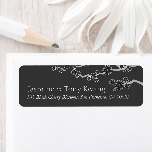 Black Cherry Blossoms Zen Sakura Asian Wedding Label (Insitu)