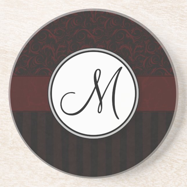 Black Cherry Floral Wisps & Stripes with Monogram Drink Coaster (Front)