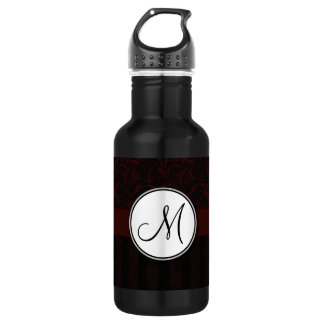 Black Cherry Floral Wisps & Stripes with Monogram Stainless Steel Water Bottle