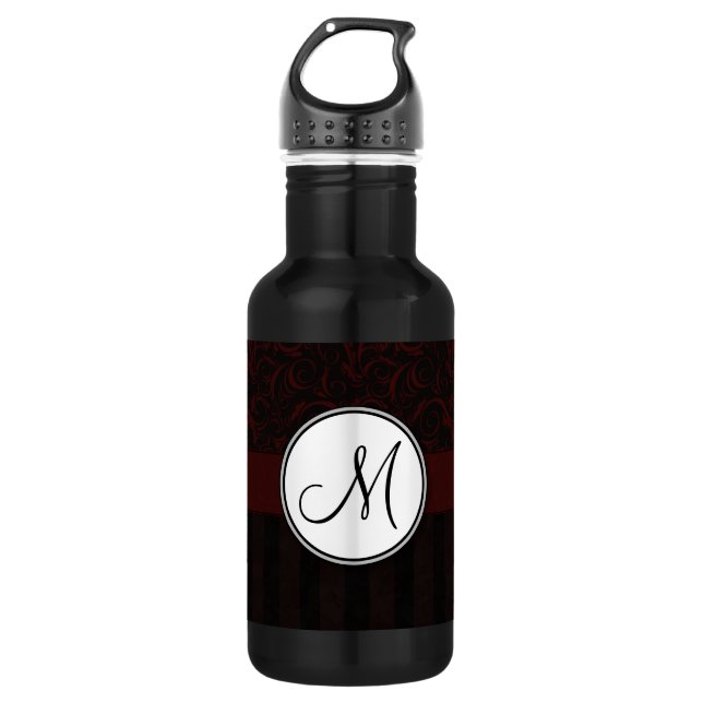 Black Cherry Floral Wisps & Stripes with Monogram Stainless Steel Water Bottle (Front)