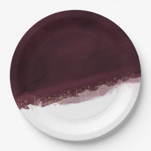 Black Cherry Watercolor & Gold Modern Chic Elegant Paper Plates