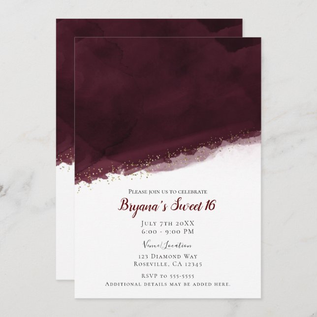 Black Cherry Watercolor Gold Modern Chic Sweet 16 Invitation (Front/Back)