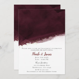 Black Cherry Watercolor & Gold Modern Chic Wedding Invitation