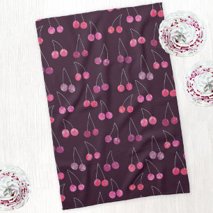 Black Cherry Watercolor Pattern Kitchen Towel
