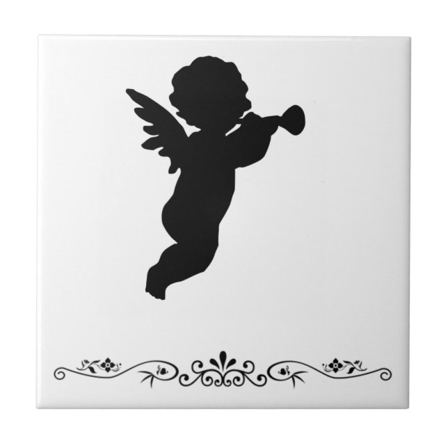 Black Cherub Silhouette On Colored Background Tile (Front)