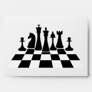 Black chess pieces on a chessboard envelope