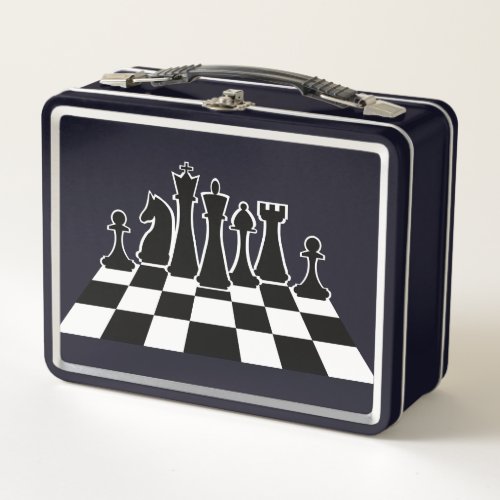 Black chess pieces on a chessboard metal lunch box