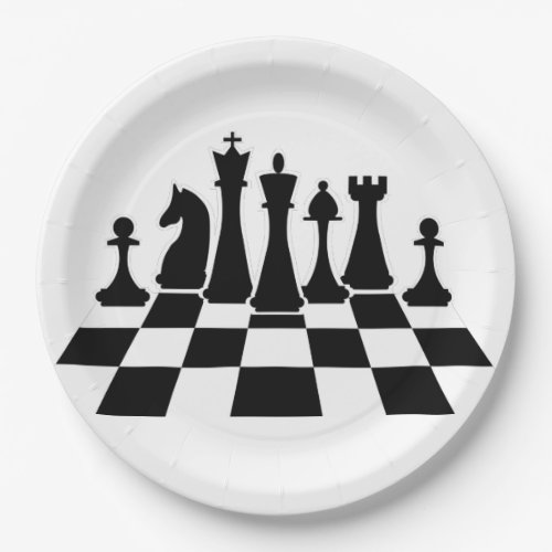 Black chess pieces on a chessboard paper plates