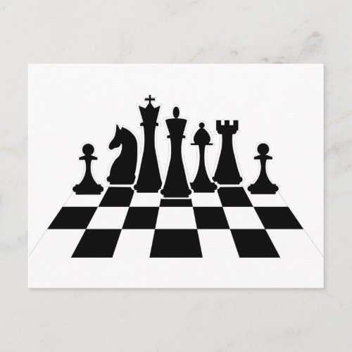 Black chess pieces on a chessboard postcard