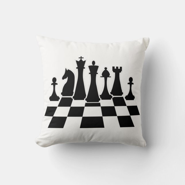 Black chess pieces on a chessboard throw pillow (Front)