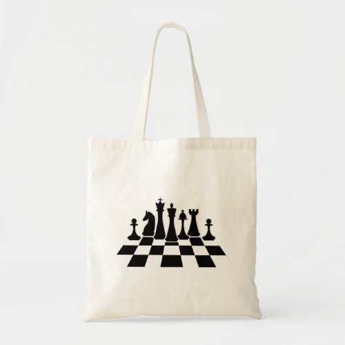 Black chess pieces on a chessboard tote bag