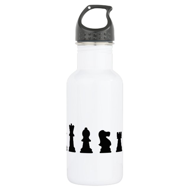 Black chess pieces on white water bottle (Front)