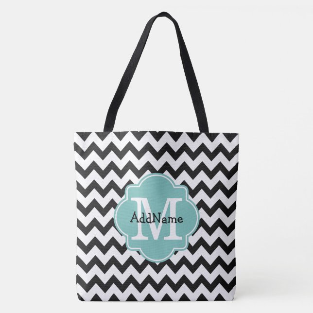 Black Chevron Aqua Monogram & Personalized Name Tote Bag (Front)