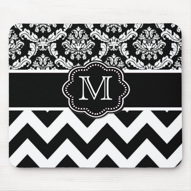 Black Chevron Damask Personalized Mousepad (Front)