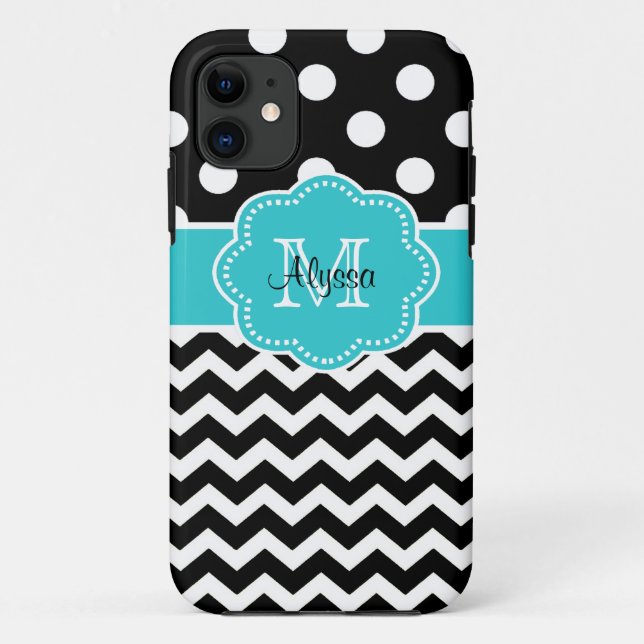 Black Chevron Dots Teal Personalized Phone Case (Back)