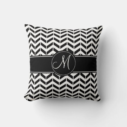 Black Chevron Geometric with Custom Monogram Throw Pillow