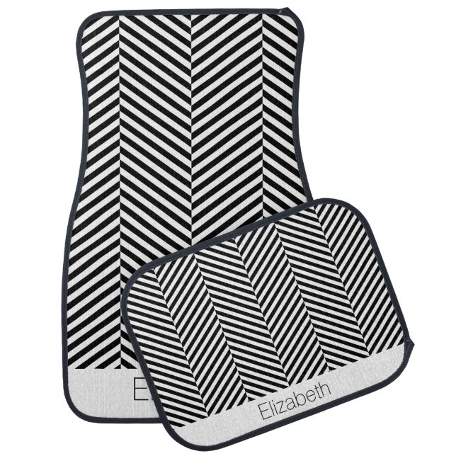 Black chevron herringbone style stripes car floor mat (Set)