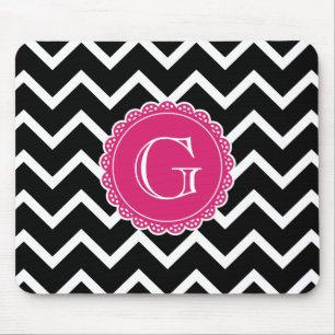 Black Chevron Hot Pink Monogram Mouse Pad