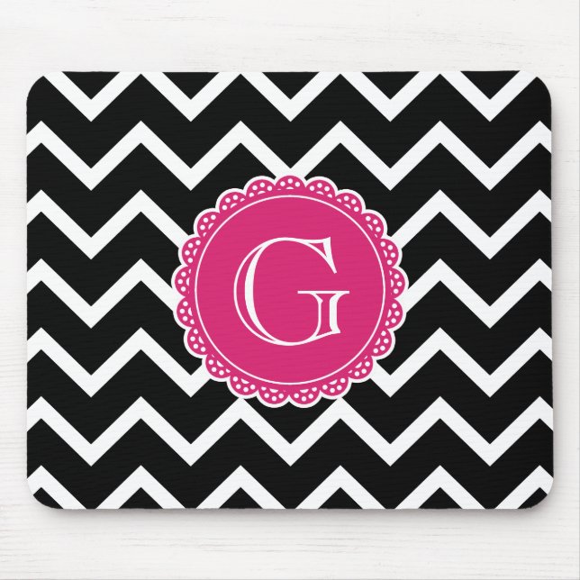 Black Chevron Hot Pink Monogram Mouse Pad (Front)