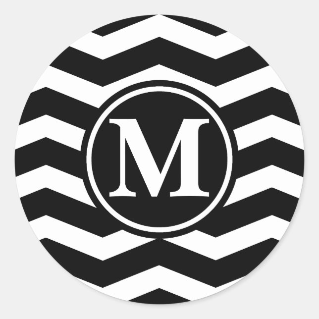 Black Chevron Monogram Classic Round Sticker (Front)
