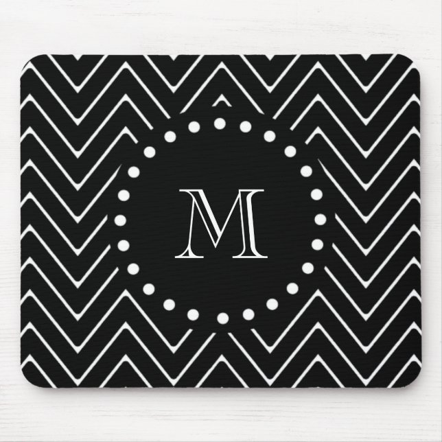 Black Chevron Pattern | Black Monogram Mouse Pad (Front)