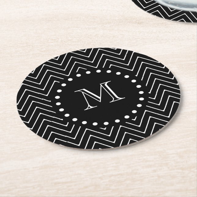 Black Chevron Pattern | Black Monogram Round Paper Coaster (Angled)