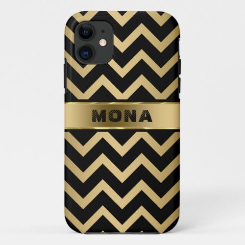 Black Chevron Pattern Gold Background iPhone 11 Case