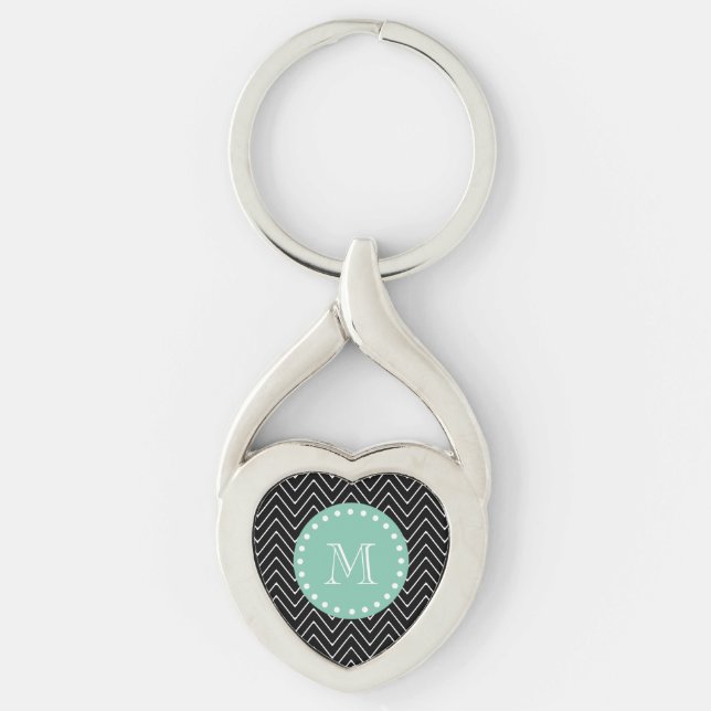 Black Chevron Pattern | Mint Green Monogram Keychain (Front)