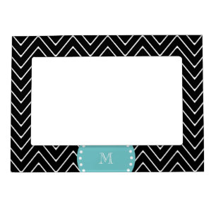 Black Chevron Pattern   Teal Monogram Magnetic Picture Frame
