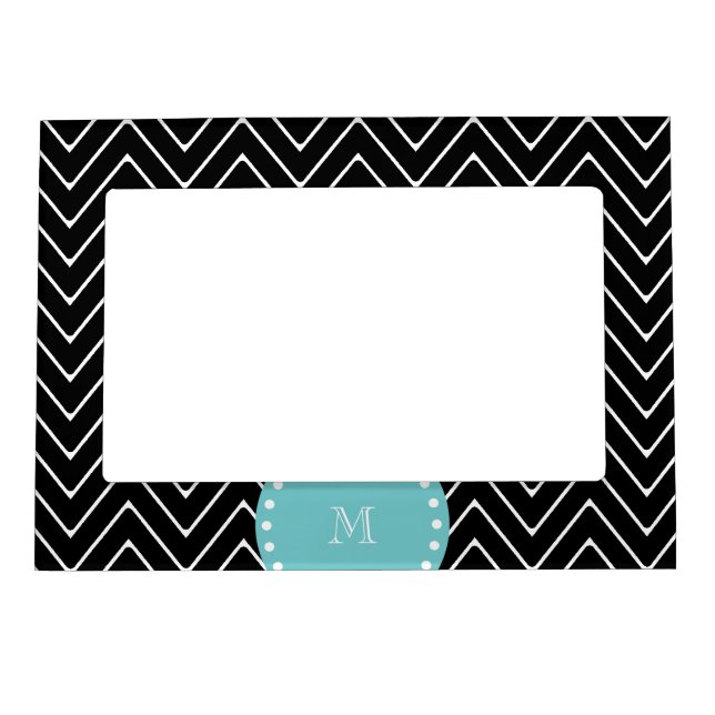 Black Chevron Pattern | Teal Monogram Magnetic Picture Frame (Front)
