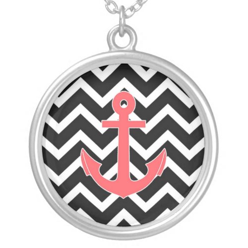 Black Chevron Pink Anchor Silver Plated Necklace