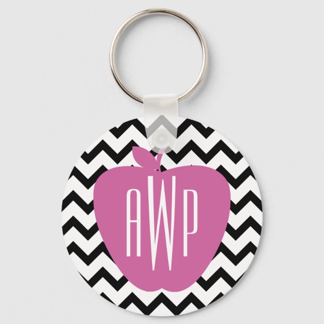 Black Chevron Pink Apple Monogram Teacher Keychain (Front)