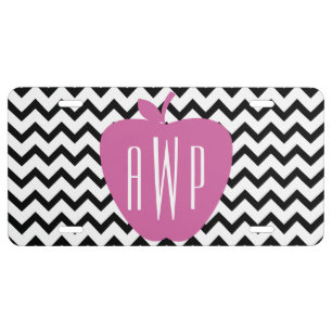 Black Chevron Pink Apple Monogram Teacher License Plate