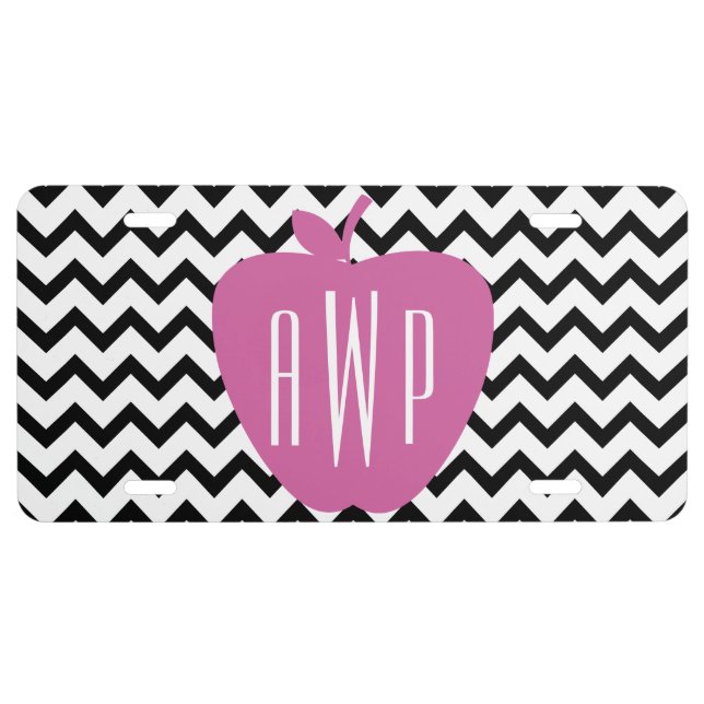 Black Chevron Pink Apple Monogram Teacher License Plate (Front)
