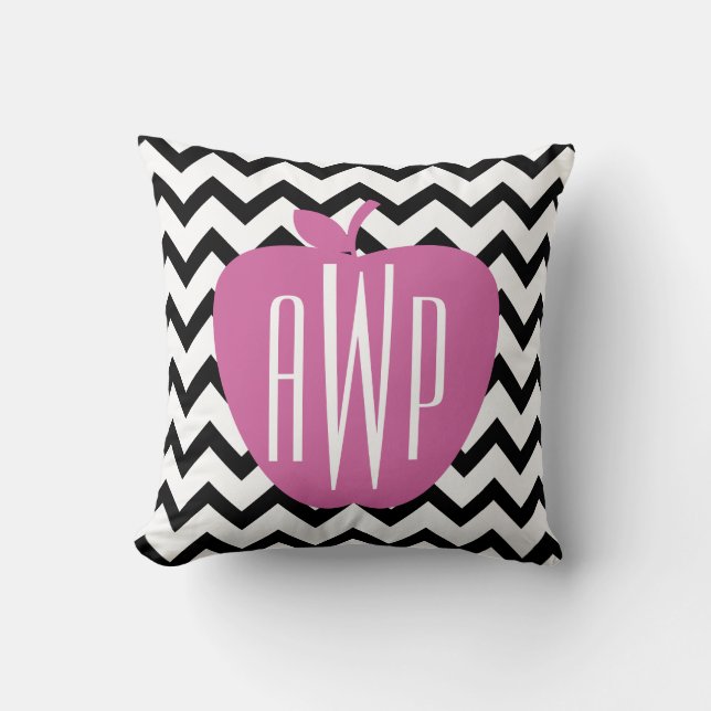 Black Chevron Pink Apple Monogram Teacher Throw Pillow (Front)