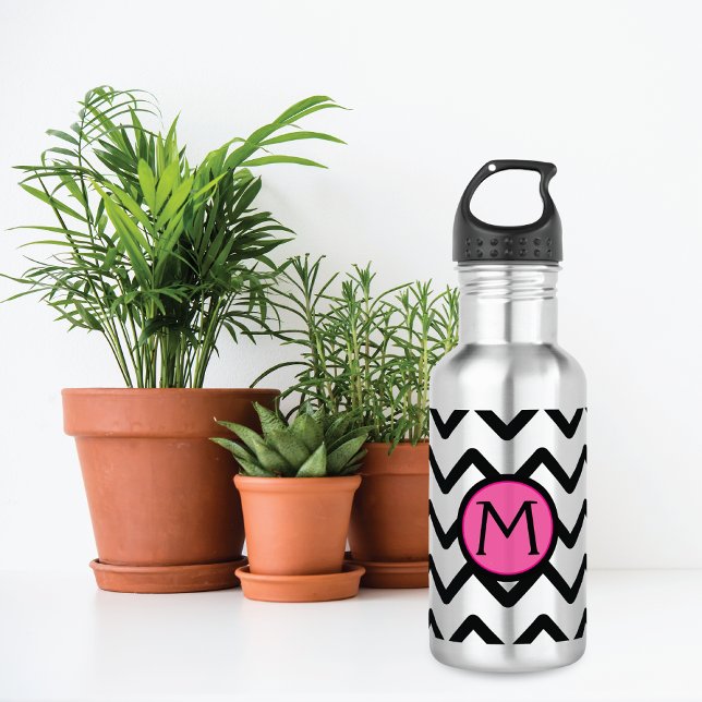 Black Chevron Pink Monogram Water Bottle (Creator Uploaded)