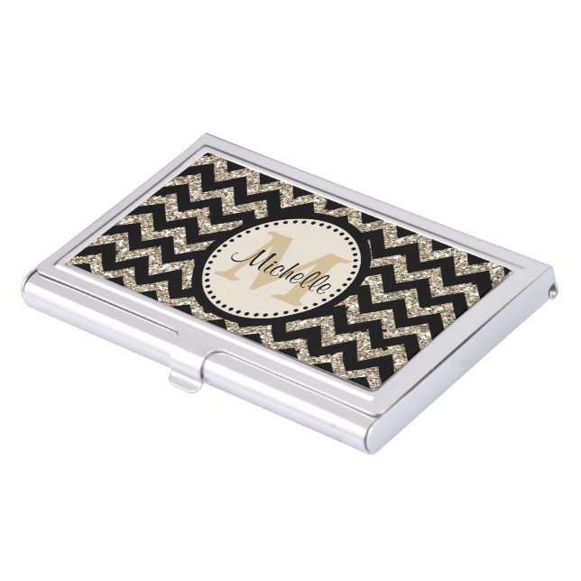 Black Chevron Silver Gold Faux Glitter Monogram Business Card Holder (Front)