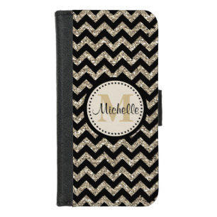 Black Chevron Silver Gold Faux Glitter Monogram iPhone 8/7 Wallet Case