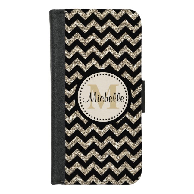 Black Chevron Silver Gold Faux Glitter Monogram iPhone Wallet Case (Front)