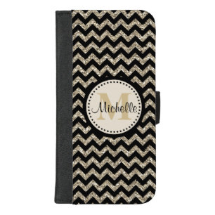 Black Chevron Silver Gold Faux Glitter Monogram iPhone 8/7 Plus Wallet Case